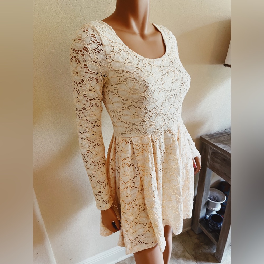 Free People Ivory Stretch knit eyelet lace babydoll dress XS 0 2